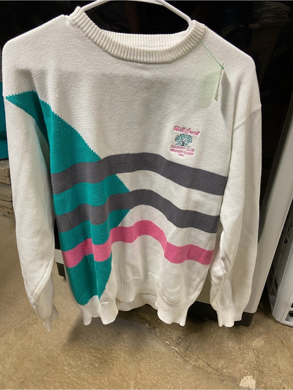 White Retro Stripe Crewneck Sweater with Teal & Pink Accents
